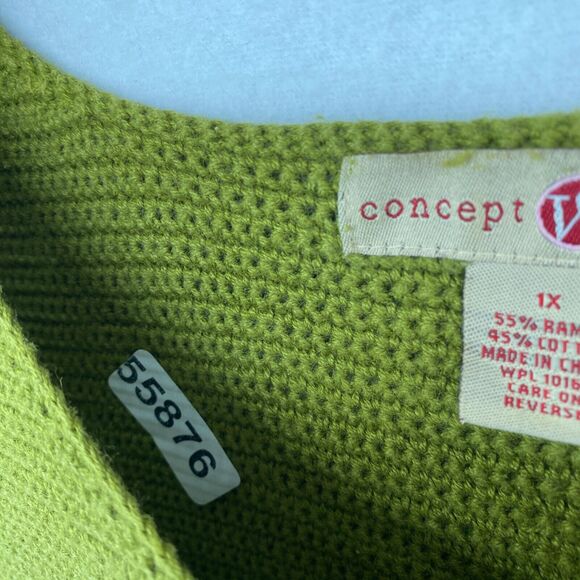 CONCEPT WOMAN Sweater 1X Ramie Cotton Crochet Jumper 3/4 Sleeve Pullover Green - Picture 11 of 11